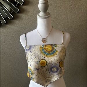 Forever 21 Celestial Print Silk-Look Handkerchief Cami - Cream, Yellow, Blue